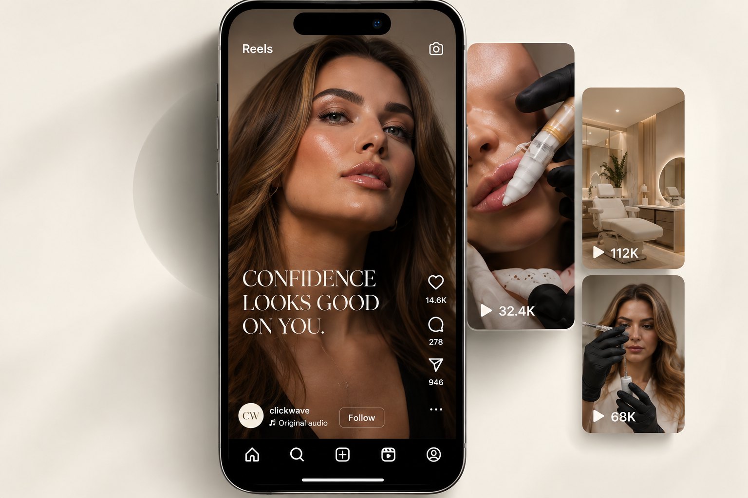 A Clickwave social content composition: a vertical reel on a phone beside three shorter clips